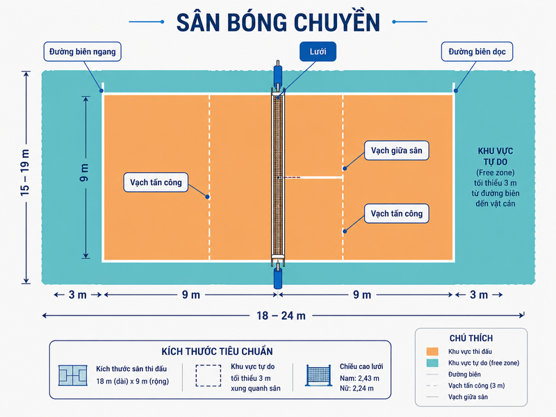 Ngoài chiều cao lưới, người chơi cần nắm kích thước sân và vị trí cột lưới