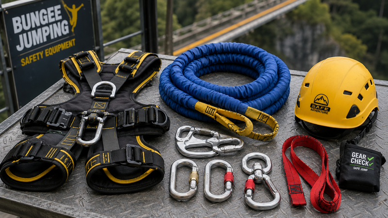 Trang bị an toàn như dây bungee, dây đai toàn thân, khóa bảo hộ và hệ thống thu hồi là yếu tố bắt buộc. 