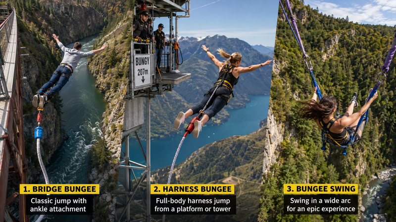 Nhảy Bungee có nhiều hình thức như buộc chân, đeo dây toàn thân, nhảy từ cầu, nhảy đôi hoặc bungee swing. 