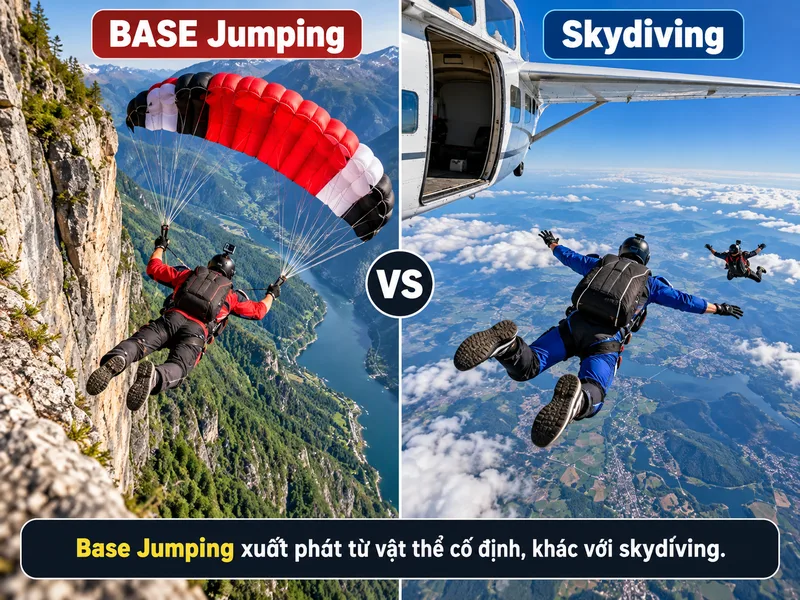 Base Jumping xuất phát từ vật thể cố định, khác với skydiving