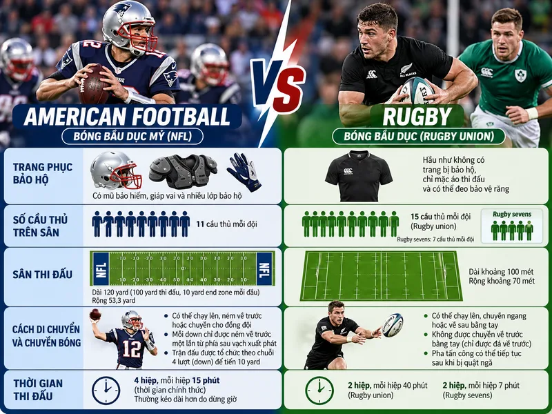 Phân biệt bóng bầu dục Mỹ và rugby qua trang phục, đội hình và luật chơi