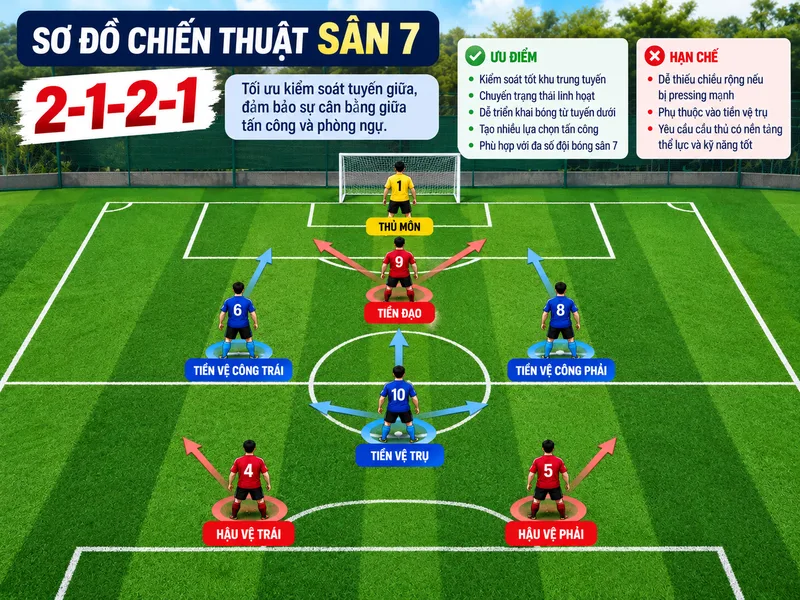 Sơ đồ chiến thuật sân 7 kiểu 2-1-2-1 tối ưu kiểm soát tuyến giữa.