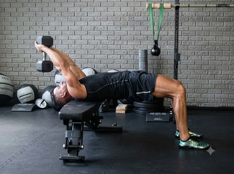 Dumbbell Pullover huy động cơ lưng xô và ngực khi đưa tạ qua đầu.